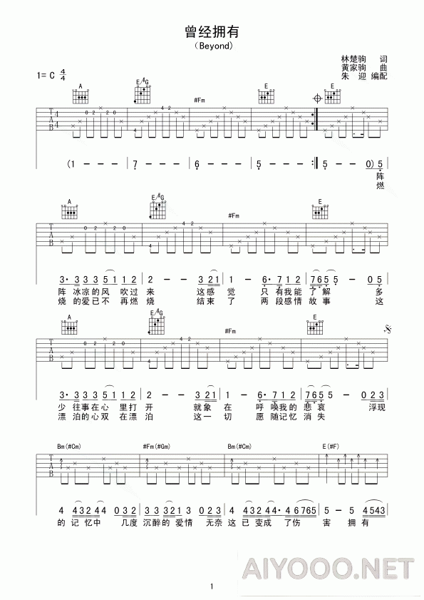 Beyond《曾经拥有》吉他六线谱1.gif