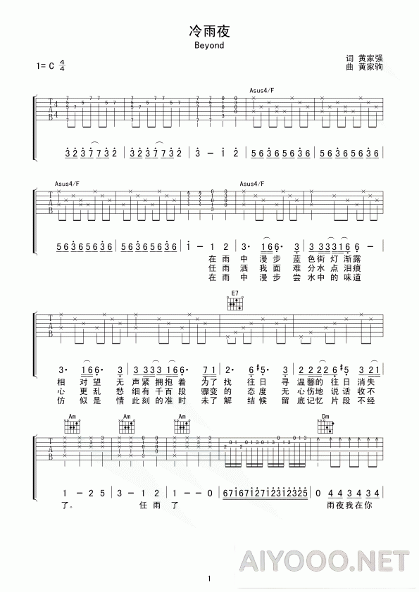 Beyond《冷雨夜》吉他六线谱1.gif
